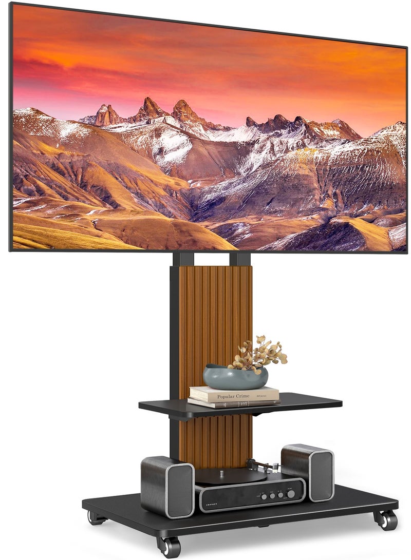 Rfiver Heavy-Duty Mobile TV Stand for 50–86 Inch TVs, Rolling TV Cart with Swivel Mount, Height Adjustable & AV Shelf, Lockable Wheels, Wooden Base, VESA 800x600 mm, 68 kg Capacity, Black & Oak | TF1304 - Image 1