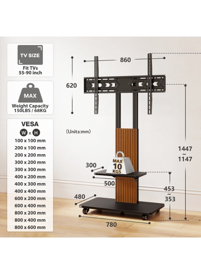 Rfiver Heavy-Duty Mobile TV Stand for 50–86 Inch TVs, Rolling TV Cart with Swivel Mount, Height Adjustable & AV Shelf, Lockable Wheels, Wooden Base, VESA 800x600 mm, 68 kg Capacity, Black & Oak | TF1304 - Image 4