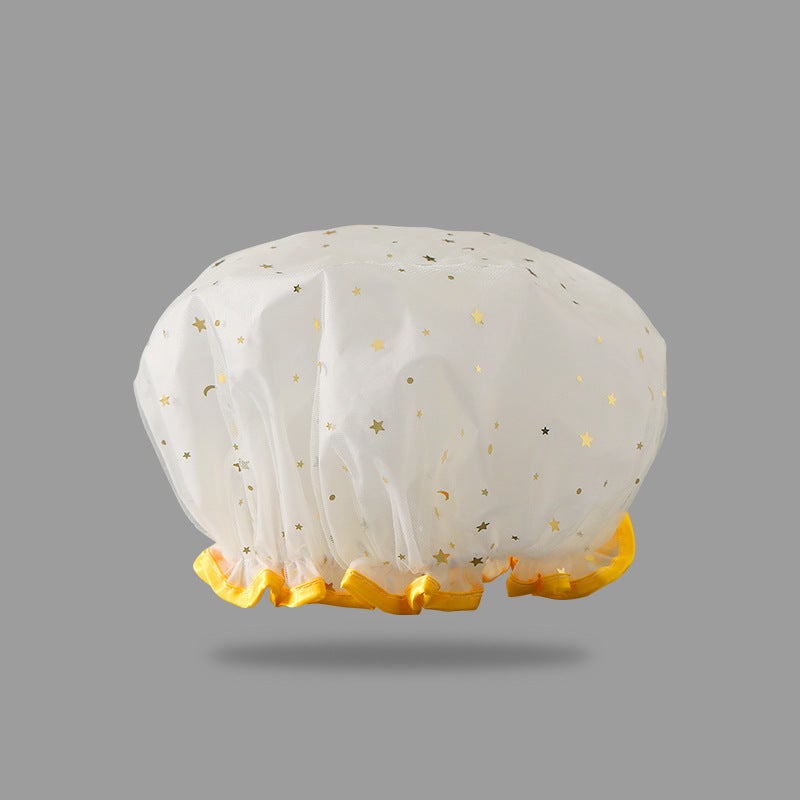 Cute Star Double Layer Shower Cap for Women Star Gold 