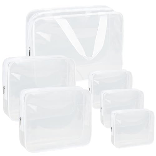 APREUTY Clear Makeup Bags TSA Approved 6 Pcs Cosmetic Makeup Bags Set Clear PVC with Zipper Handle Portable Travel Luggage Pouch Airport Airline Vacation Organization Bright White - Image 1