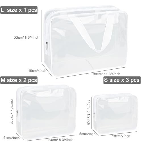 APREUTY Clear Makeup Bags TSA Approved 6 Pcs Cosmetic Makeup Bags Set Clear PVC with Zipper Handle Portable Travel Luggage Pouch Airport Airline Vacation Organization Bright White - Image 3