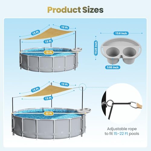 Calanofin Above Ground Pool Shade Set with Storage Tray – UV-Resistant Shade Sail for 15-22 Ft Pools, Outdoor Triangular Canopy with Sun Shade Poles for Deck, Backyard & Pool Essentials (13x13x13 Ft) - Image 5