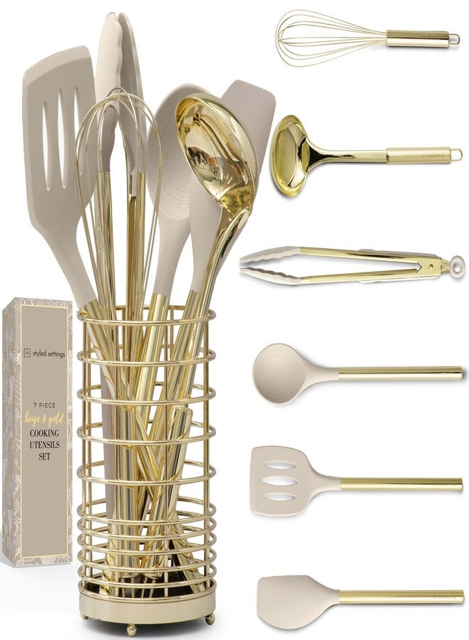 styled settings 7-Piece Beige & Gold Kitchen Utensils Set - Non-Toxic Silicone & Stainless Steel Tools for Cooking, Serving, & Hosting - Ideal for Nonstick Cookware & Modern Kitchens, with Gold Utensil Holder - Image 1