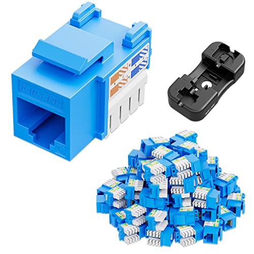 iwillink 10Gbps Cat6 Keystone Jack and Punch-Down Stand, 50-Pack, RJ45 Ethernet Keystone Jacks, 90-Degree UTP Modular Punch Down Keystone Jack Adapter, Blue - Image 1