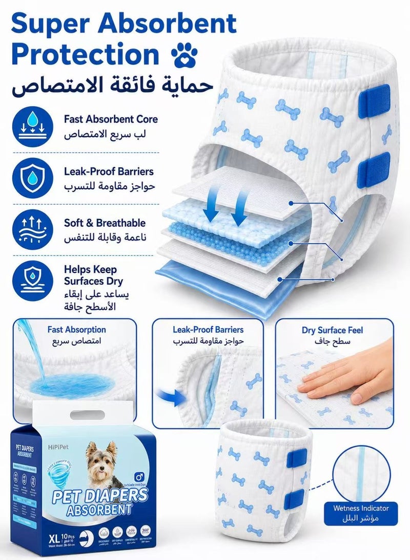 حفاضات للكلاب الذكور مقاس XL، 10 قطع، أحزمة بطن يمكن التخلص منها فائقة الامتصاص ومانعة للتسرب مزودة بمؤشر الرطوبة، قابلة للتعديل من 28 إلى 50 سم عند الخصر، أحزمة ناعمة وقابلة للتنفس للكلاب لمشاكل التبول العشوائي وسلس البول وتدريب الجراء، 12–32 رطلاً - Image 2
