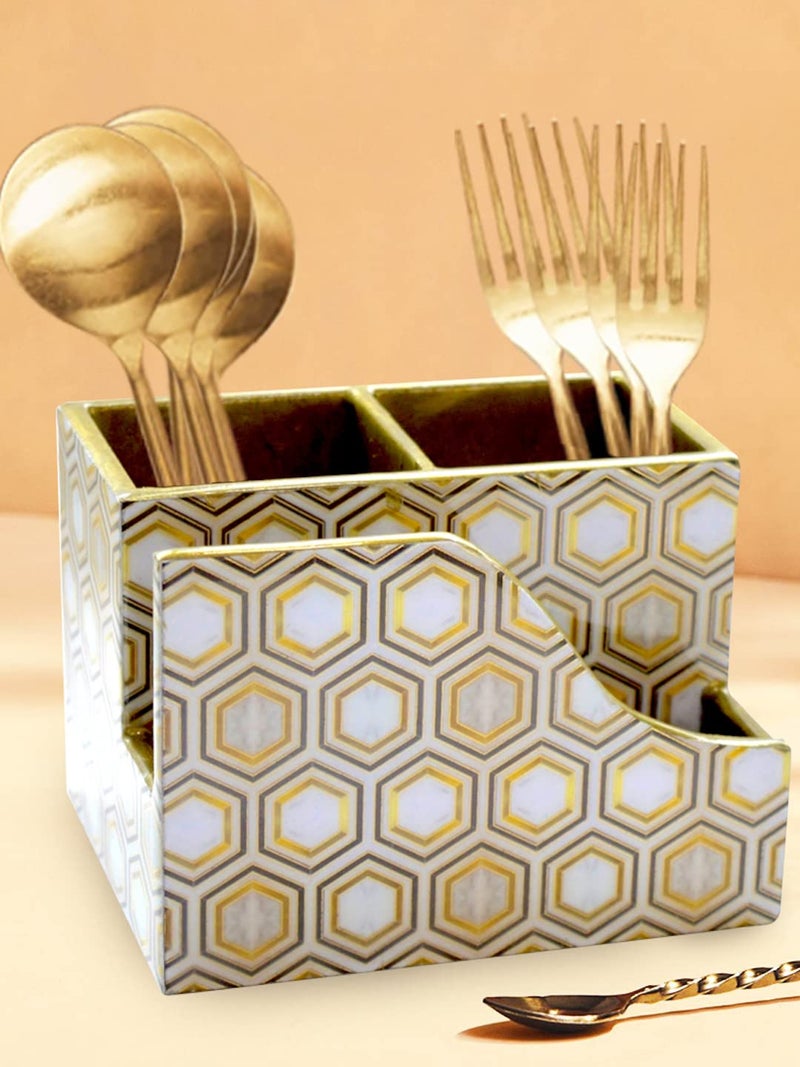 Tranquil Square | Handcrafted | Premium Finish | Glossy White Marble Design Wooden Napkin Cutlery Holder - Image 1