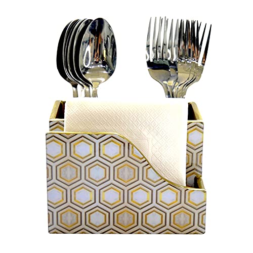 Tranquil Square | Handcrafted | Premium Finish | Glossy White Marble Design Wooden Napkin Cutlery Holder - Image 5