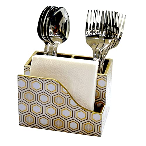 Tranquil Square | Handcrafted | Premium Finish | Glossy White Marble Design Wooden Napkin Cutlery Holder - Image 2