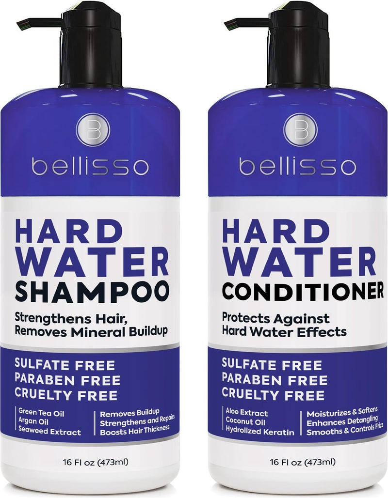 BELLISSO Hard Water Shampoo and Conditioner Set - Sulfate Free Hair Care Products for Women and Men - Moisturizing Treatment with Chelating Properties for a Deep Clean - Remover for Cleansing Mineral Build Up - Image 1