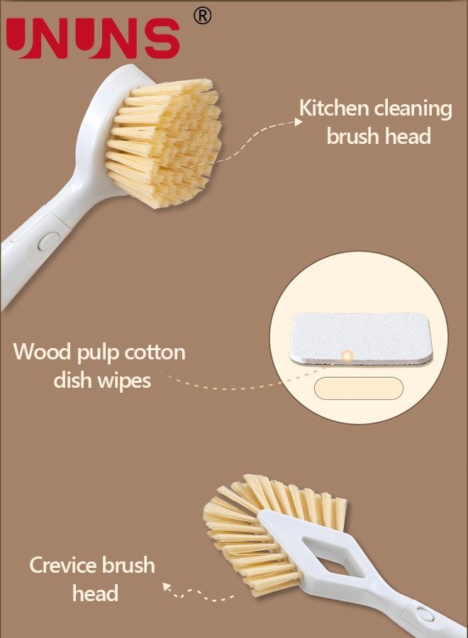 UNUNS Dish Brush Set with Storage Holder, 4-in-1 Kitchen Cleaning Brush Set with 2 Interchangeable Brush Heads&Scrub Sponge Bamboo Handle Bottle Brush, Dish Scrub Brush and Corner Brush for Kitchen - Image 3