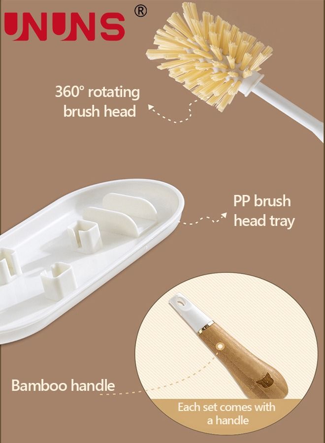 UNUNS Dish Brush Set with Storage Holder, 4-in-1 Kitchen Cleaning Brush Set with 2 Interchangeable Brush Heads&Scrub Sponge Bamboo Handle Bottle Brush, Dish Scrub Brush and Corner Brush for Kitchen - Image 2