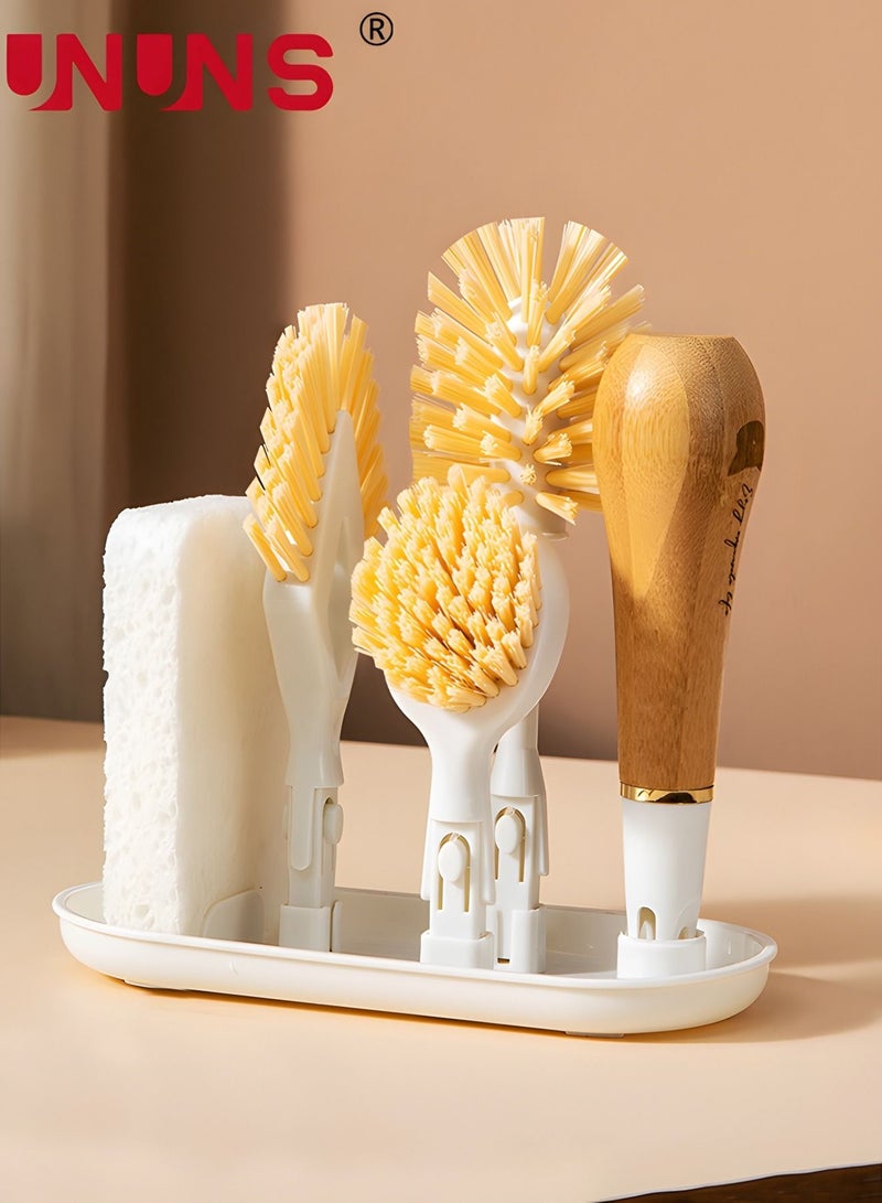 UNUNS Dish Brush Set with Storage Holder, 4-in-1 Kitchen Cleaning Brush Set with 2 Interchangeable Brush Heads&Scrub Sponge Bamboo Handle Bottle Brush, Dish Scrub Brush and Corner Brush for Kitchen - Image 1