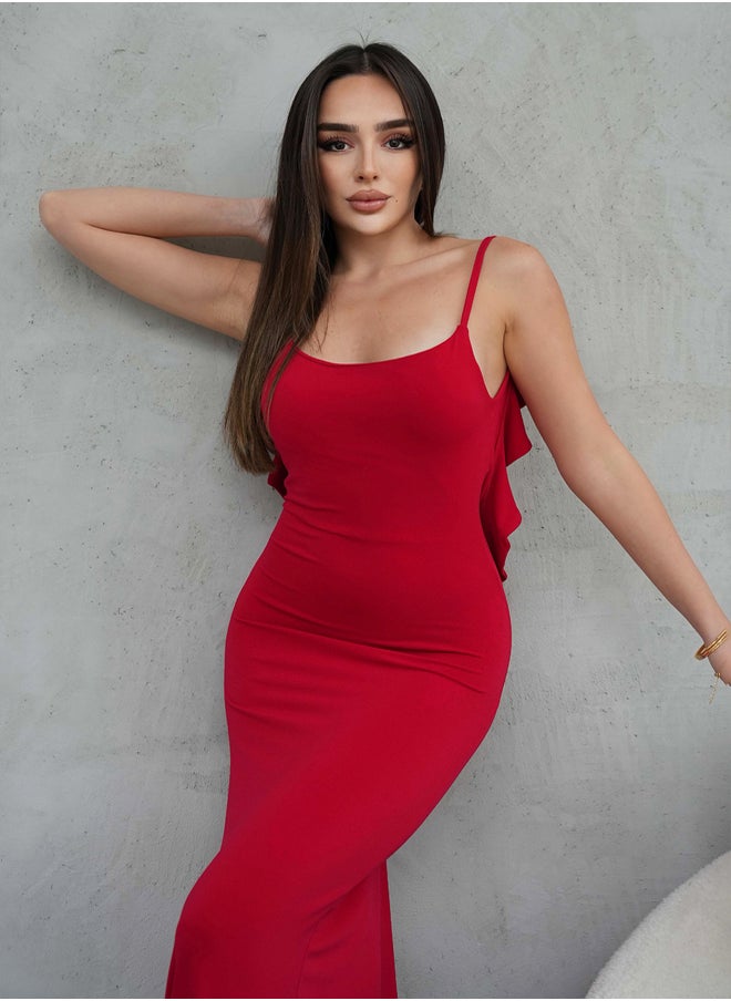 trendyol Red Fitted Ruffle Detail Long Stylish Evening Dress Tpraw25Ae00018  - Image 3