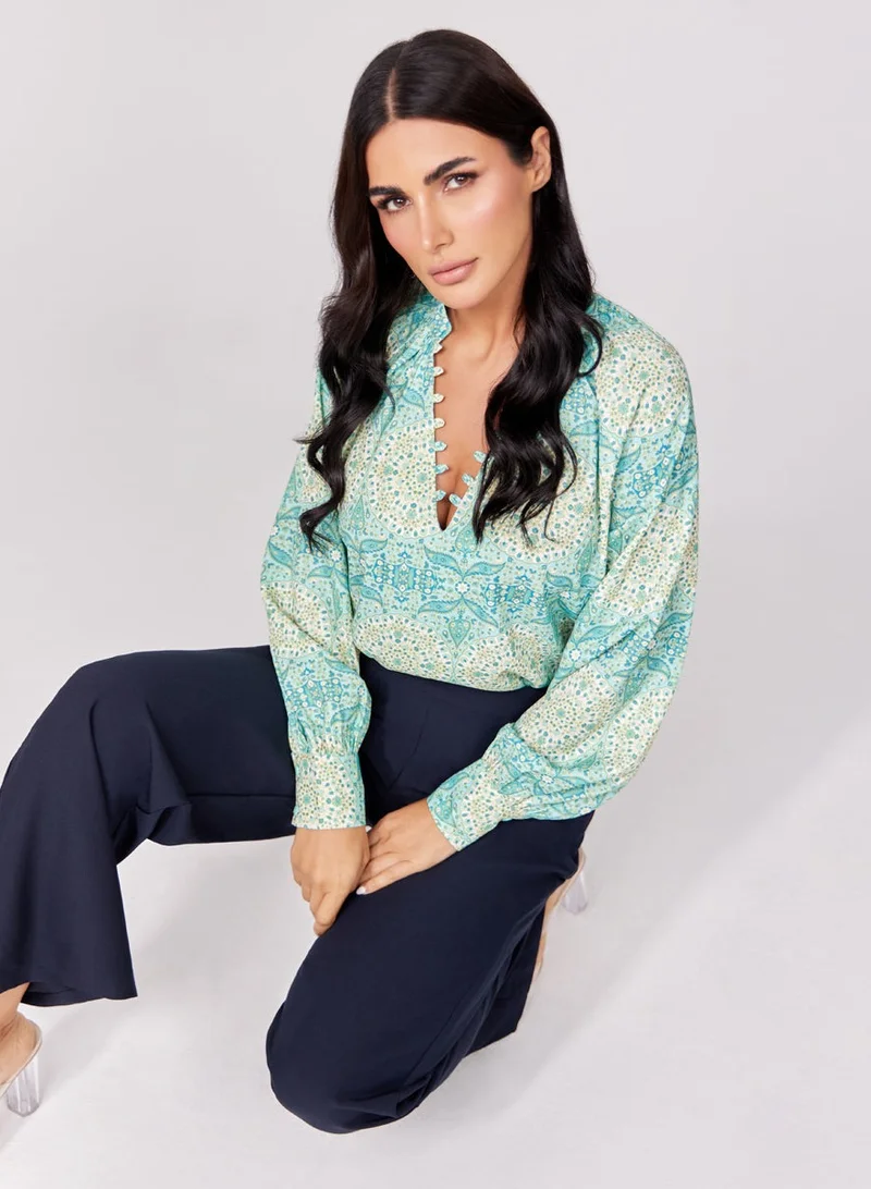 Zigzag Loop Attached Green Printed Chiffon Top