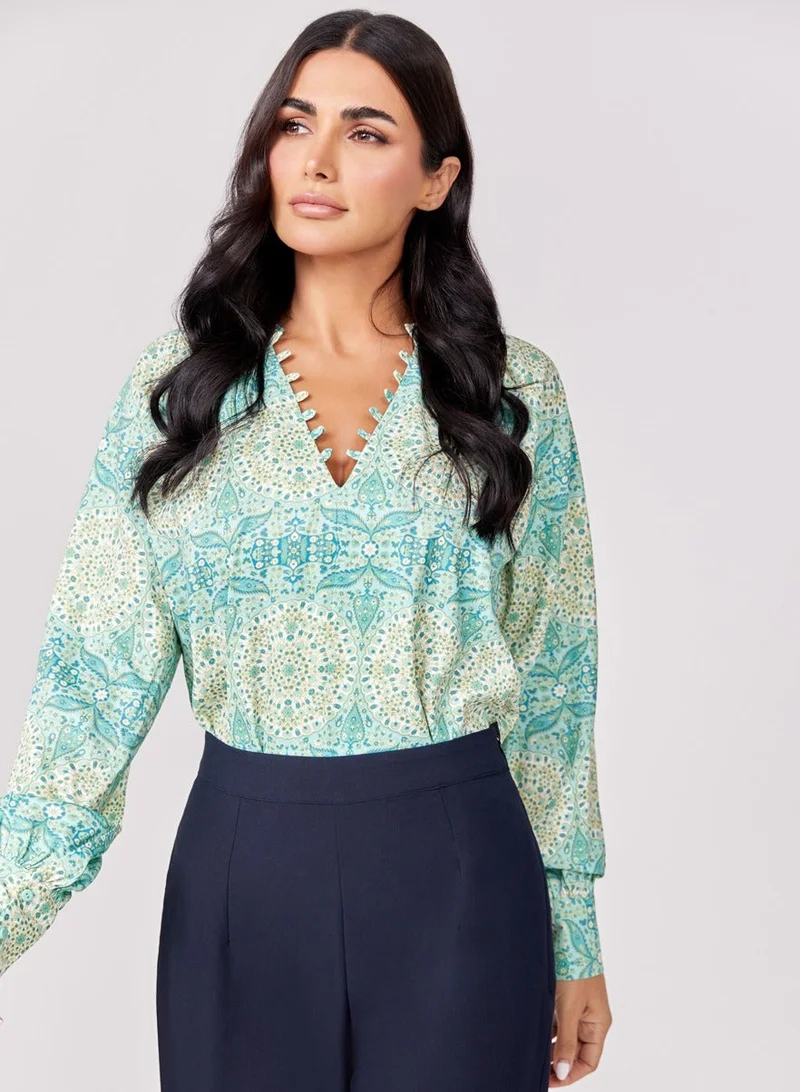 Zigzag Loop Attached Green Printed Chiffon Top