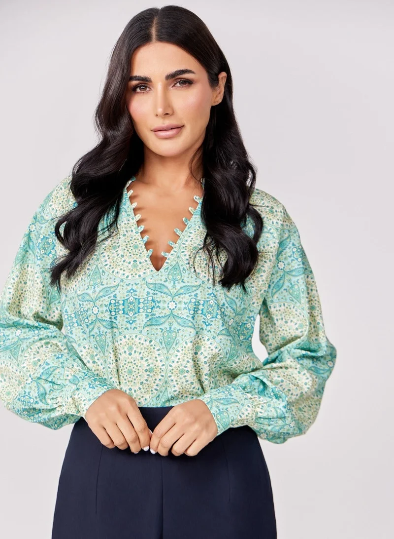 Zigzag Loop Attached Green Printed Chiffon Top