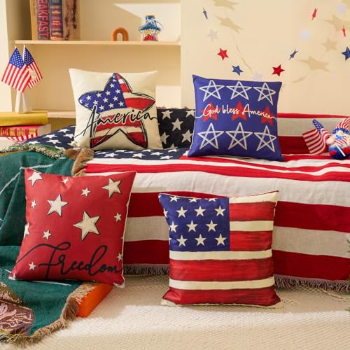Hongsome Patriotic DecorThrow Pillow Covers 18x18 in Set of 44th of July Linen Pillow Case for Independence DayMemorial DayVeterans DayUSAAmerican Summer Outdoor Red White Blue Decorations - Image 3