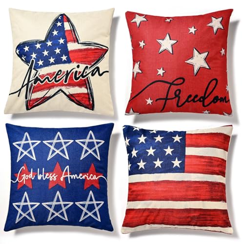 Hongsome Patriotic DecorThrow Pillow Covers 18x18 in Set of 44th of July Linen Pillow Case for Independence DayMemorial DayVeterans DayUSAAmerican Summer Outdoor Red White Blue Decorations - Image 1