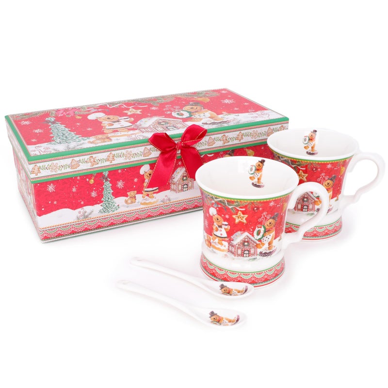 Christmas Concepts Gingerbread Deluxe Ceramic Tableware Range 2 x 94oz Ceramic Mug Spoon Set with Matching Decorative Gift Box