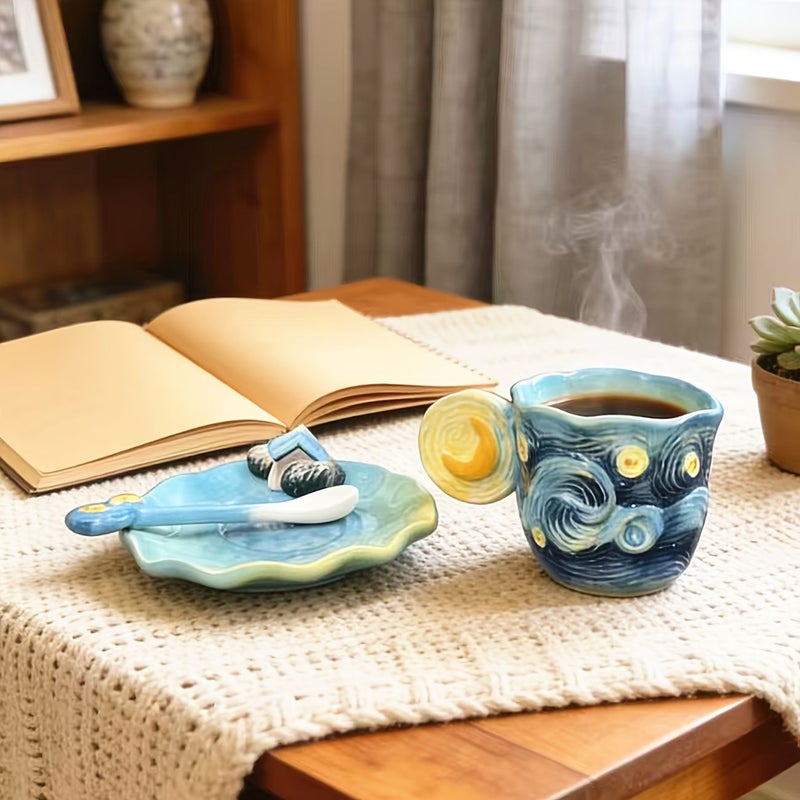 Van Gogh Starry Sky Hand Painted Ceramic Coffee Cup Set With Saucer And Spoon - Image 5