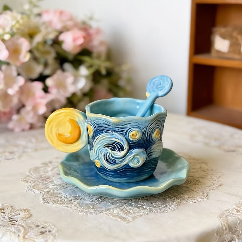 Van Gogh Starry Sky Hand Painted Ceramic Coffee Cup Set With Saucer And Spoon - Image 2