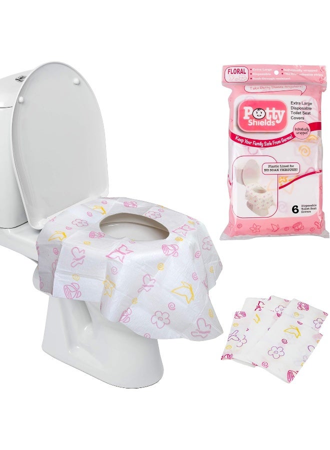 Potty Shields أغطية مقاعد المرحاض القابلة للتصرف (6 عبوات، مزهر) - غطاء مرحاض XL مقاوم للماء للأطفال، والكبار - محمول ومغلف بشكل فردي للسفر، والتدريب، والحمامات العامة - Image 1