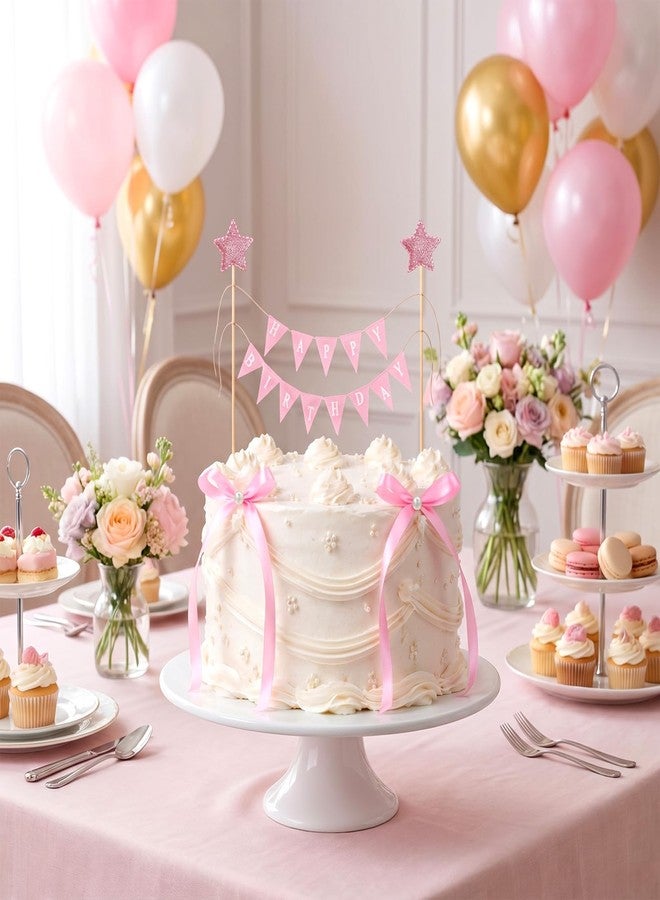 LLOUSSAK 11 قطعة من زينة كعكة عيد الميلاد بشريط وردي على شكل فيونكة، زينة كعكة على شكل فيونكة مع عمود خشبي، أعلام مثلثة مزينة بشرائط على شكل فيونكات لتزيين الكعكة في حفلات أعياد الميلاد وحفلات الزفاف - Image 3