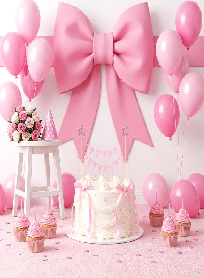 LLOUSSAK 11 قطعة من زينة كعكة عيد الميلاد بشريط وردي على شكل فيونكة، زينة كعكة على شكل فيونكة مع عمود خشبي، أعلام مثلثة مزينة بشرائط على شكل فيونكات لتزيين الكعكة في حفلات أعياد الميلاد وحفلات الزفاف - Image 5