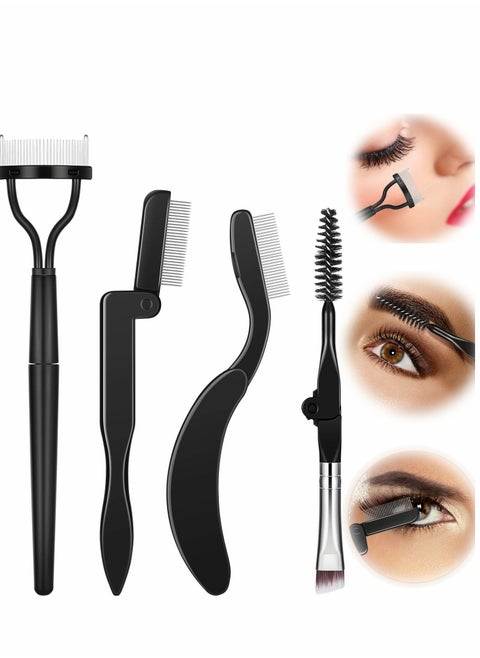 4-Piece Folding Eyebrow Comb & Eyelash Separator Set - Essential Makeup Grooming Brushes in Black
