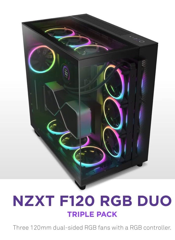 NZXT - F120 RGB Duo Triple Pack - 3 x 120mm Dual-Sided RGB Fans with RGB Controller – 20 Individually Addressable LEDs – Balanced Airflow and Static Pressure – Fluid Dynamic Bearing – PWM - Image 1