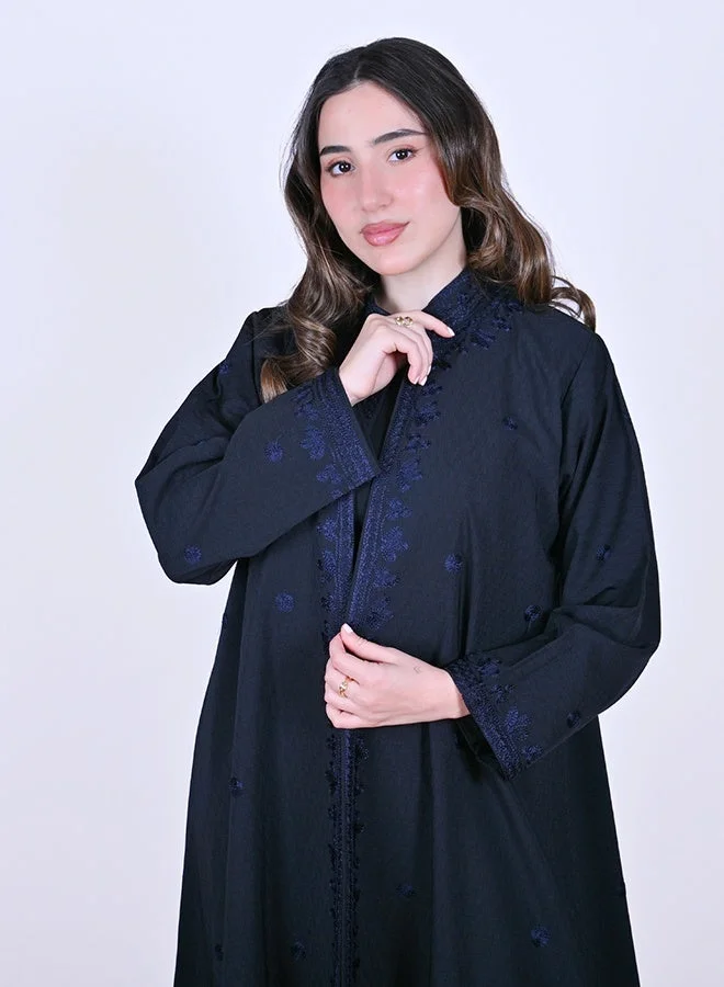 HAWRAA ABAYA Navy wrap abaya featuring elegant embroidery across the entire abaya