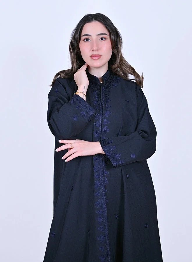 HAWRAA ABAYA Navy wrap abaya featuring elegant embroidery across the entire abaya