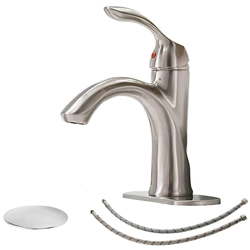 BWE Brushed Nickel Bathroom Faucet Single Handle Bathroom Sink Faucet One Hole with Pop Up Drain Assembly and Supply Lines Commercial Vanity Restroom Lavatory Mixer Tap