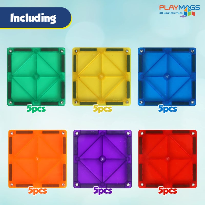 Playmags Magnetic Tiles, 30-Piece Magnet Squares Expansion Set, Construction Building Blocks, Starter Set for Kids Ages 3+ - Image 3