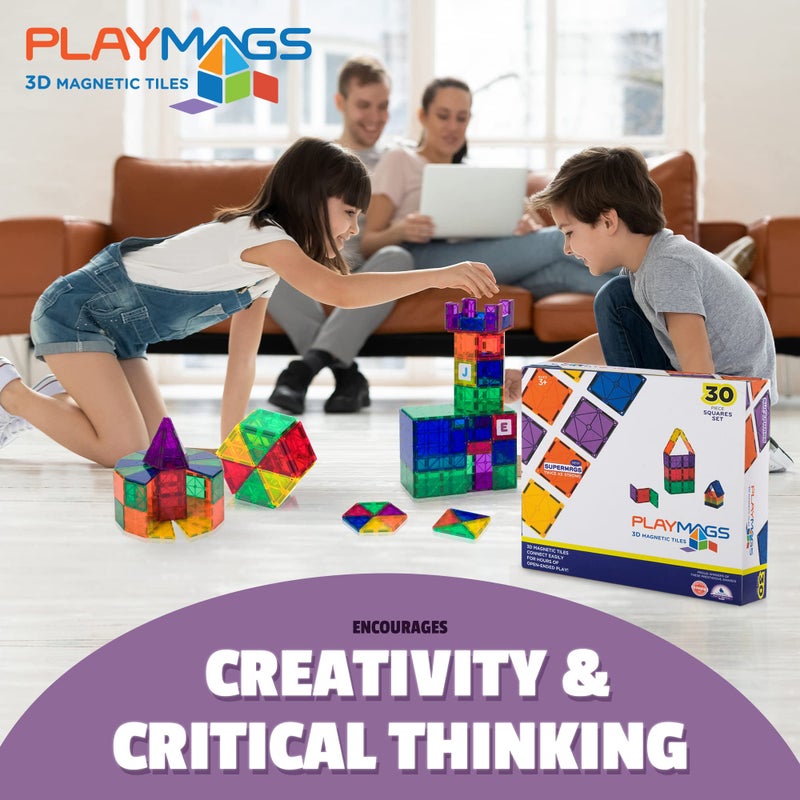 Playmags Magnetic Tiles, 30-Piece Magnet Squares Expansion Set, Construction Building Blocks, Starter Set for Kids Ages 3+ - Image 5