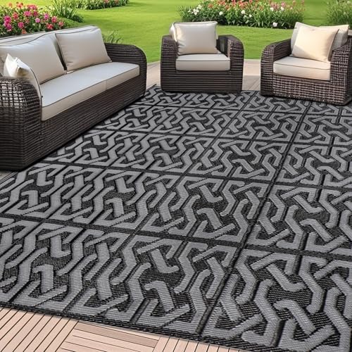 SAND MINE Reversible Mats Plastic Straw Rug Modern Area Rug Large Floor Mat and Rug for Outdoors RV Patio Backyard Deck Picnic Beach Trailer Camping 9 x 12 Black  Grey