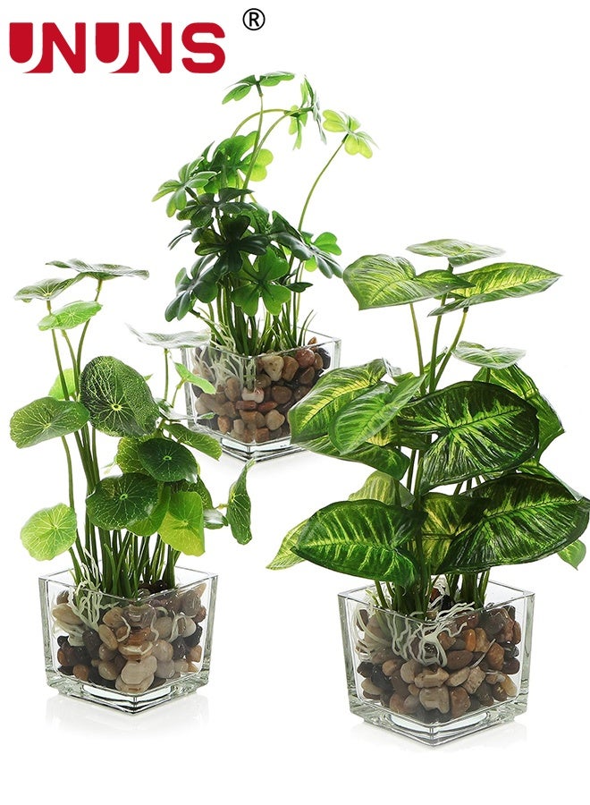 UNUNS Fake Plants With Pot,3-Piece Simulated Plant Set, Indoor Small Artificial Potted Plants, Clear Glass Flower Pots,Artificial Plants for Home Decoration,Green - Image 1