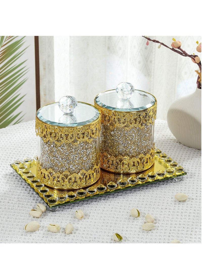 general Gold tray, iron lace glass double jar, home storage jar set, living room, kitchen decoration storage jar - Image 1