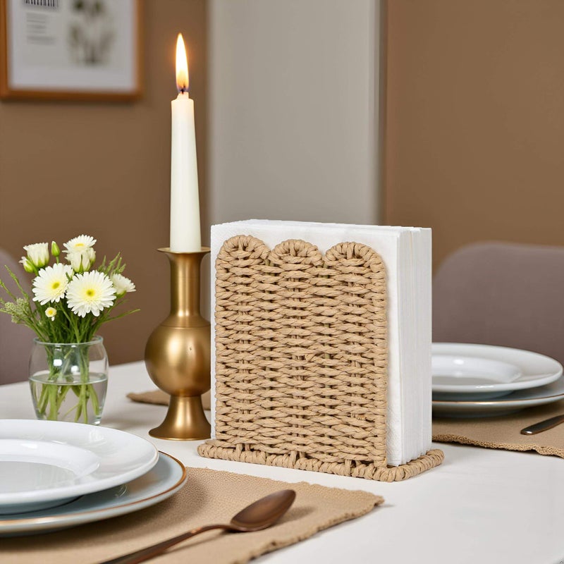 CubesLand Scalloped Edge Napkin Holder for Table Home Rustic Room Decor, Paper Rope Napkin Dispenser for Kitchen Countertop Dining Hotel, Cocktail Napkin Holder for Indoor & Outdoor Party, Beige - Image 2