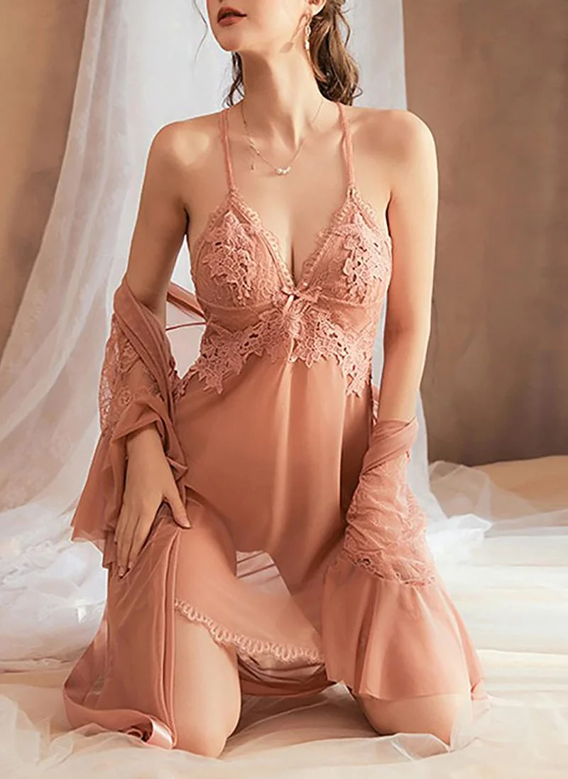 يونيكي Peach Solid Sleeveless Babydoll With Brifes