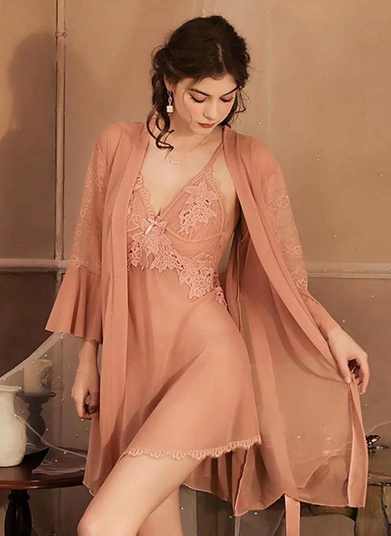 YUNIQEE Peach Solid Sleeveless Babydoll With Brifes