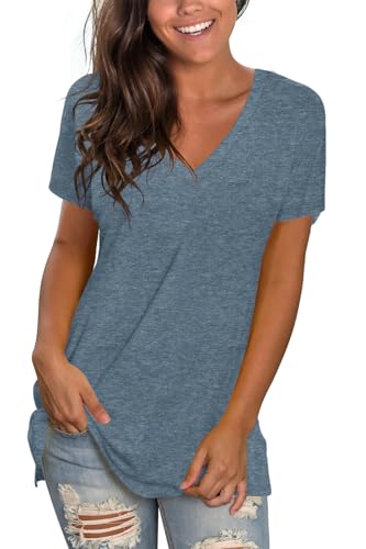 Sipaya Womens Tops Loose Fitting V-Neck Short Sleeve T Shirts Summer 2XL Grey Blue - Image 1