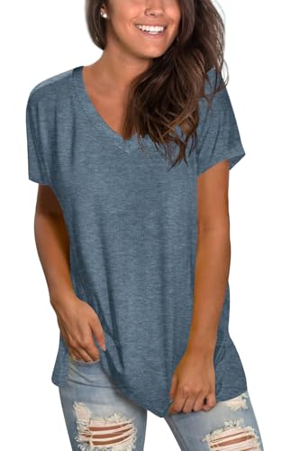 Sipaya Womens Tops Loose Fitting V-Neck Short Sleeve T Shirts Summer 2XL Grey Blue - Image 2