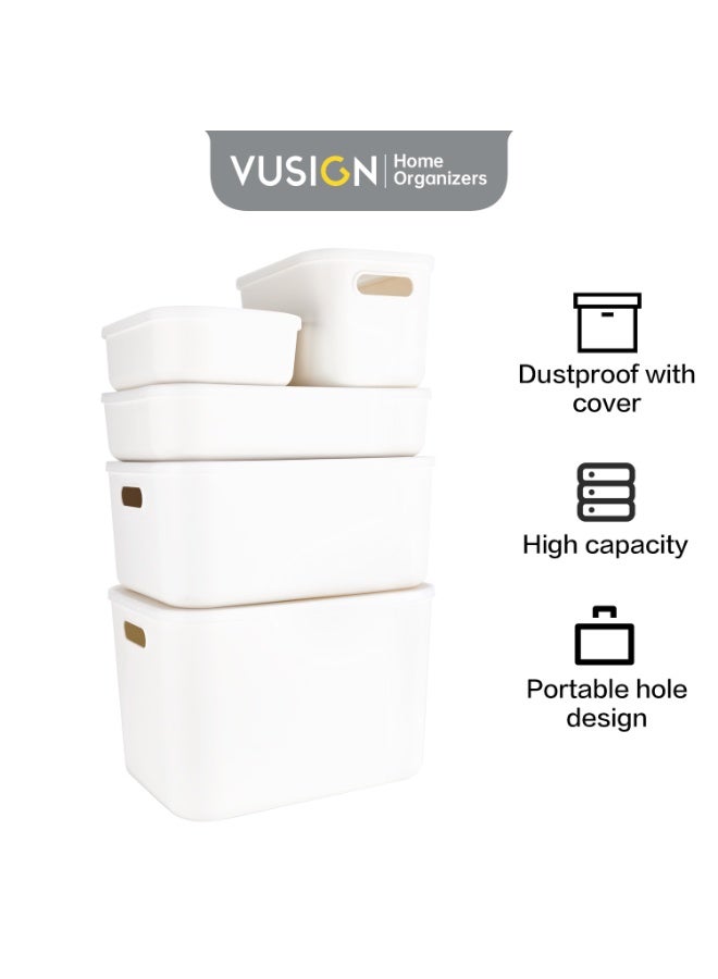 VUSIGN PP Storage Box with Lid – 22.3L Capacity, 36.5x25.5x24 cm, Stackable Organizer with Portable Handle and Dustproof Cover  5 Units– White – Model VS460-WH  - Image 2
