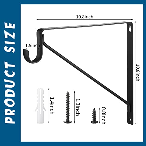 Nuogo 8 Pcs Heavy Duty Closet Rod Brackets Bulk 11"x11" Black Closet Shelf Bracket with Rod Holder Support 300 lbs Triangular Wall Mount Hangers Hooks with Screw for Home and Decor - Image 3