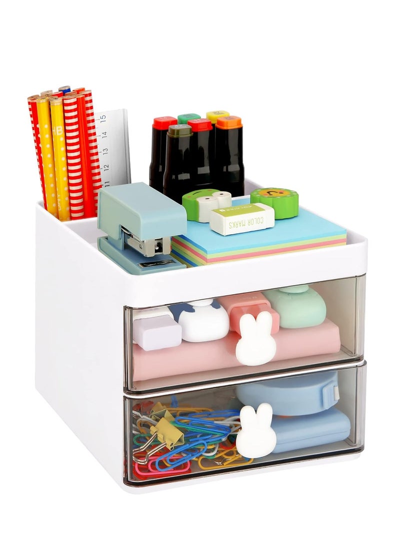كيلا منظم مكتب صغير مع درج، صندوق تخزين مكتبي صغير، صندوق تخزين مكتبي مكتبي، صندوق تخزين لحامل بطاقات العمل/الأقلام/الأقلام الرصاص/الهاتف المحمول/الأدوات المكتبية، منظم أدوات مكتبية للمكتب المدرسة المنزلية (أبيض) - Image 1