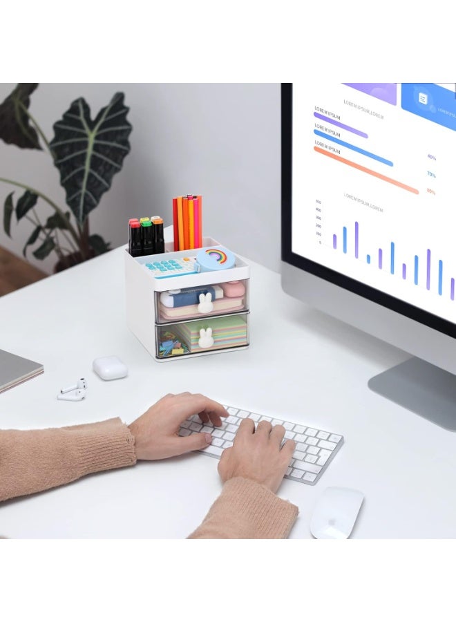 كيلا منظم مكتب صغير مع درج، صندوق تخزين مكتبي صغير، صندوق تخزين مكتبي مكتبي، صندوق تخزين لحامل بطاقات العمل/الأقلام/الأقلام الرصاص/الهاتف المحمول/الأدوات المكتبية، منظم أدوات مكتبية للمكتب المدرسة المنزلية (أبيض) - Image 3
