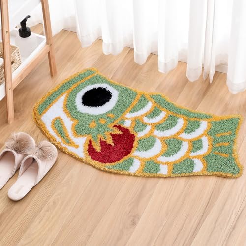 Feblilac Cute Bathroom Rug Soft Green Fish Bath Rugs Japanese Koi Decor Accent Rug Microfiber NonSlip Mat for Tub Shower Room Floor Carpet Machine Wash 177x335 - Image 1