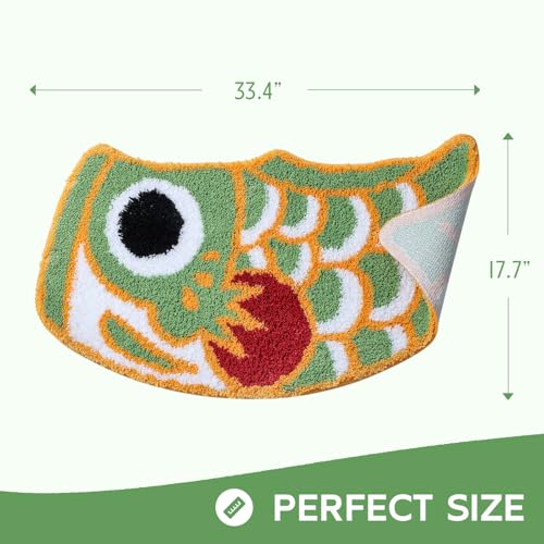 Feblilac Cute Bathroom Rug Soft Green Fish Bath Rugs Japanese Koi Decor Accent Rug Microfiber NonSlip Mat for Tub Shower Room Floor Carpet Machine Wash 177x335 - Image 3