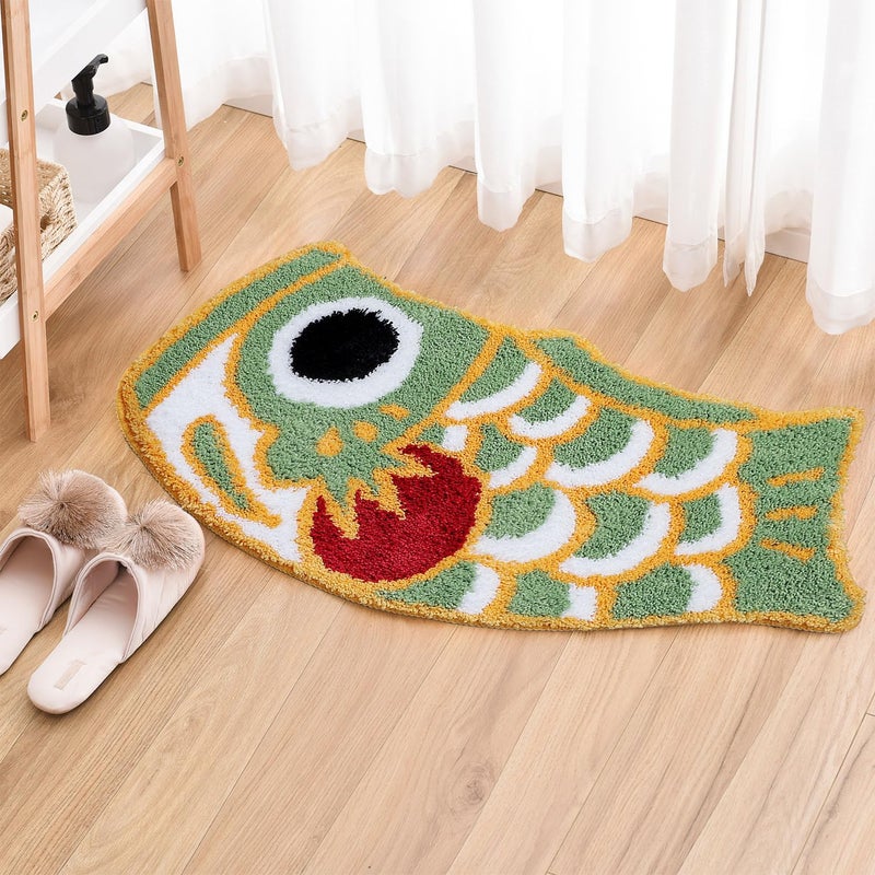 Feblilac Cute Bathroom Rug Soft Green Fish Bath Rugs Japanese Koi Decor Accent Rug Microfiber NonSlip Mat for Tub Shower Room Floor Carpet Machine Wash 177x335 - Image 2